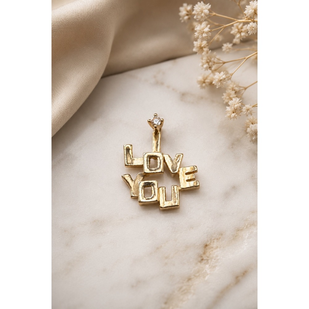 10K Yellow Gold Love You Block Letter Pendant CZ Diamond Accent 0.91g